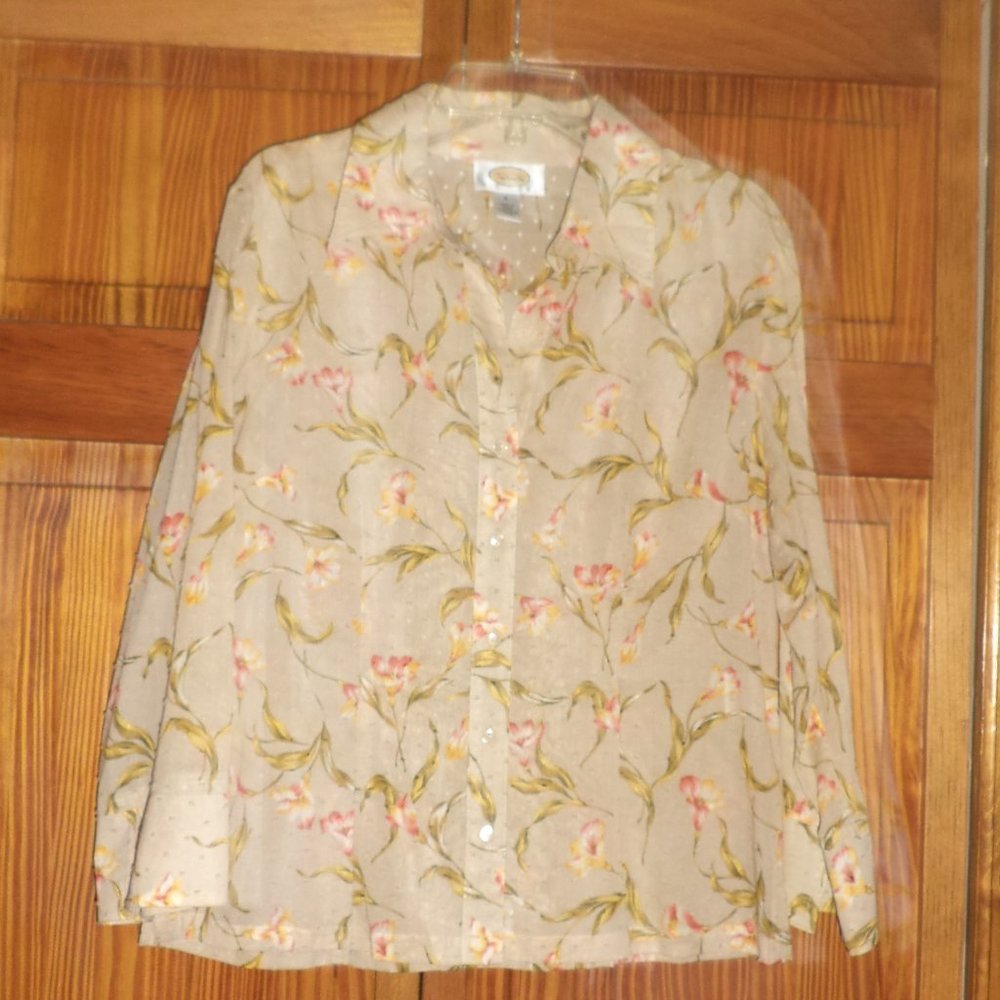 TALBOTS sheer light brown floral print & small fabric dots blouse sz 6 woman
